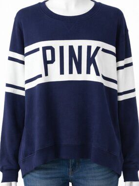 PINK Victoria's Secret Womens Sweatshirt Large Navy Blue Varsity Stripe